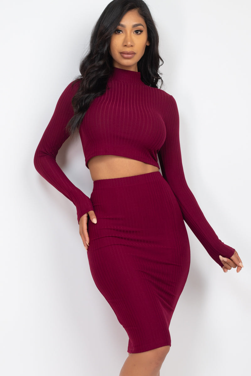 Ribbed Mock Neck Crop Top & Midi Skirt Set (CAPELLA)-21