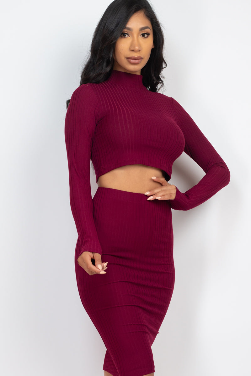 Ribbed Mock Neck Crop Top & Midi Skirt Set (CAPELLA)-22