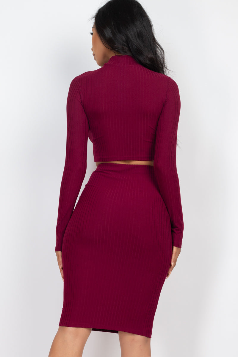 Ribbed Mock Neck Crop Top & Midi Skirt Set (CAPELLA)-23