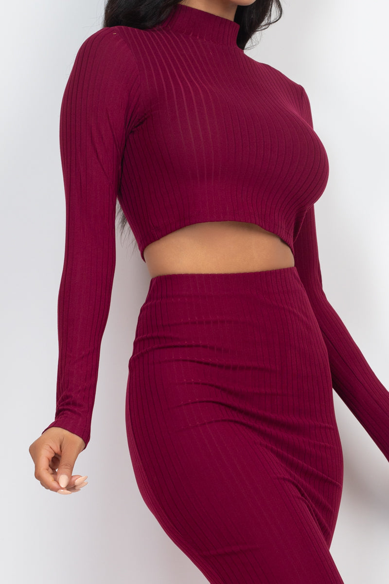 Ribbed Mock Neck Crop Top & Midi Skirt Set (CAPELLA)-24