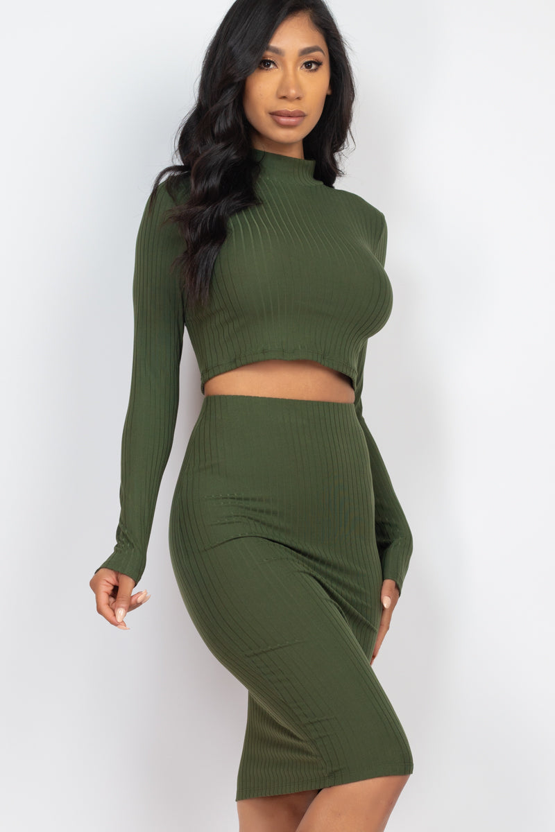 Ribbed Mock Neck Crop Top & Midi Skirt Set (CAPELLA)-11