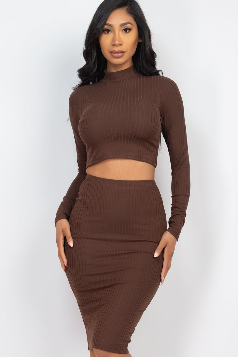 Ribbed Mock Neck Crop Top & Midi Skirt Set (CAPELLA)-0