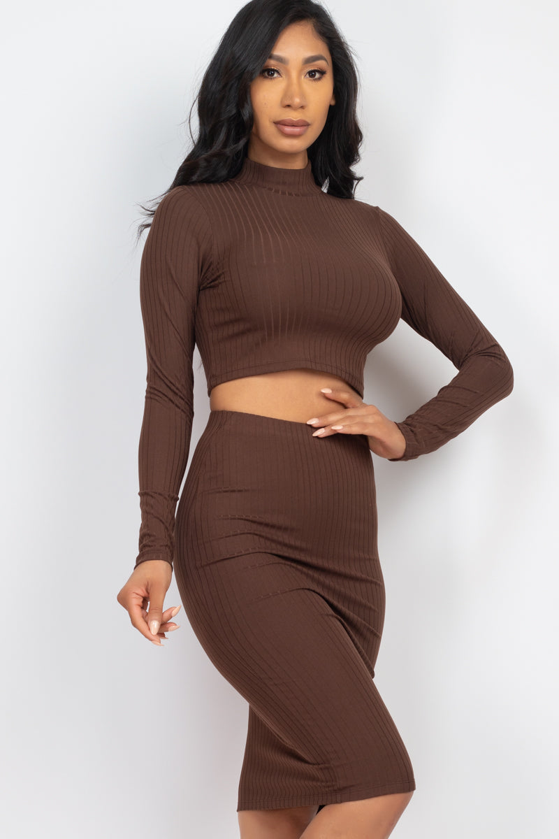 Ribbed Mock Neck Crop Top & Midi Skirt Set (CAPELLA)-1