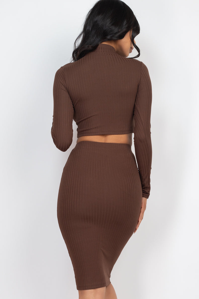 Ribbed Mock Neck Crop Top & Midi Skirt Set (CAPELLA)-2