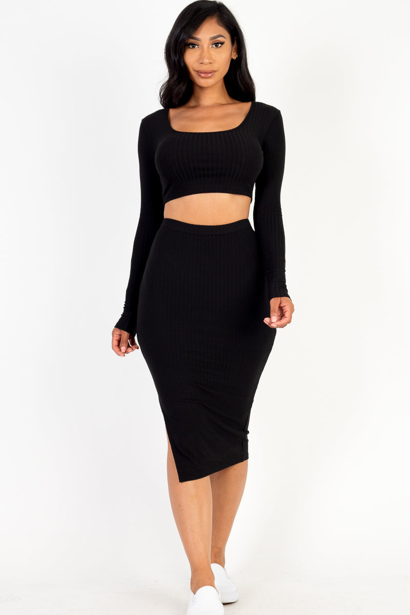 Ribbed Long Sleeve Crop Top & Skirt Set (CAPELLA)-8