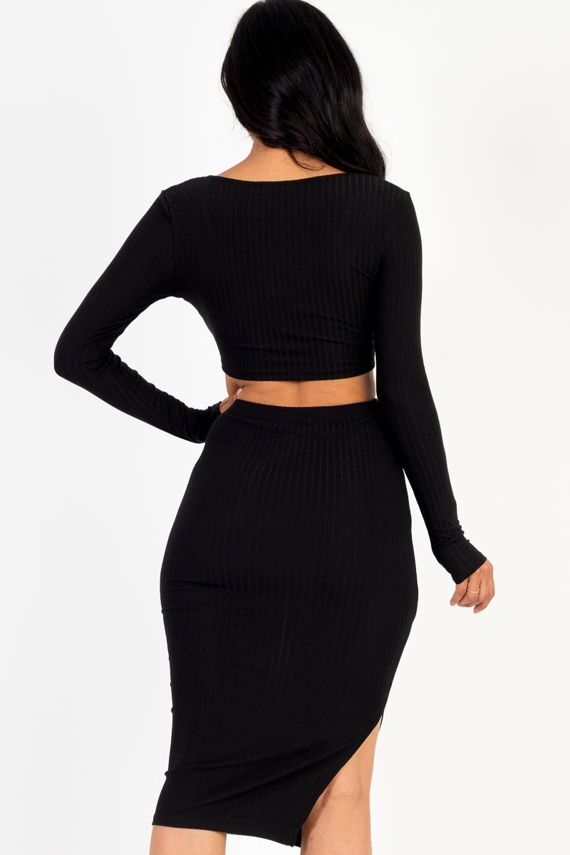 Ribbed Long Sleeve Crop Top & Skirt Set (CAPELLA)-6