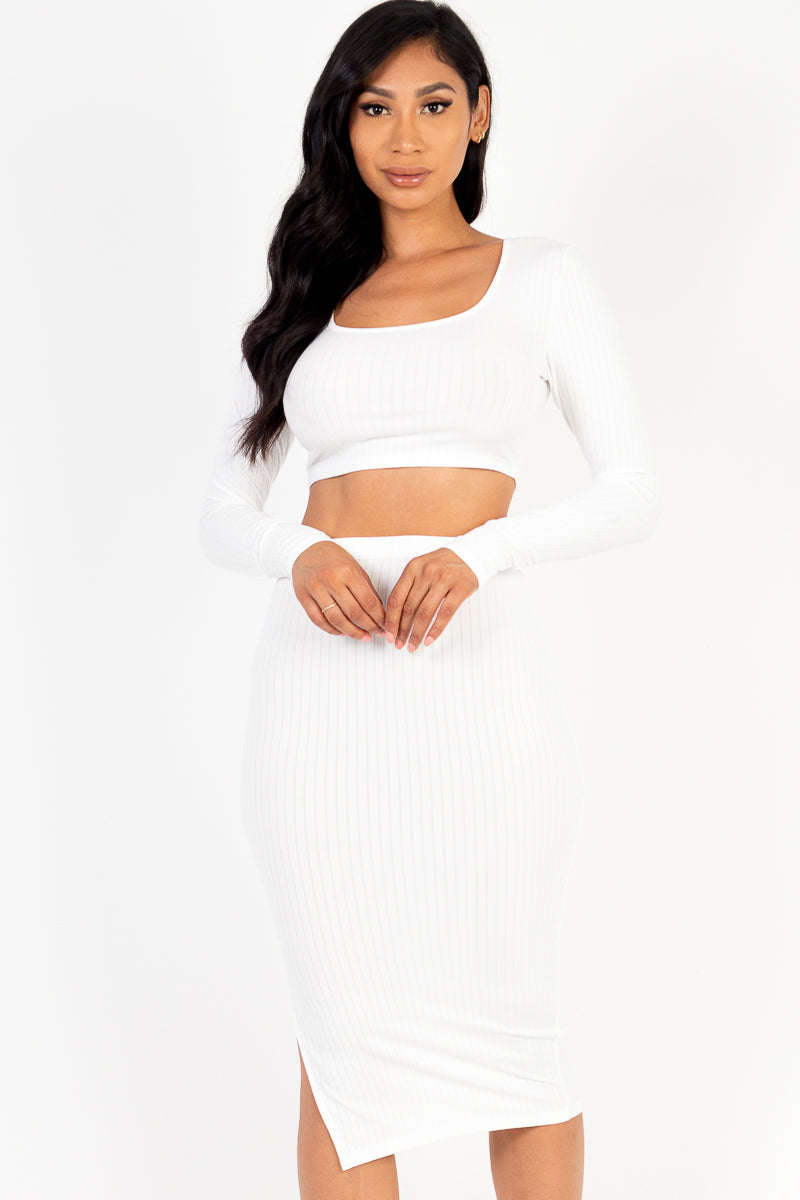 Ribbed Long Sleeve Crop Top & Skirt Set (CAPELLA)-19