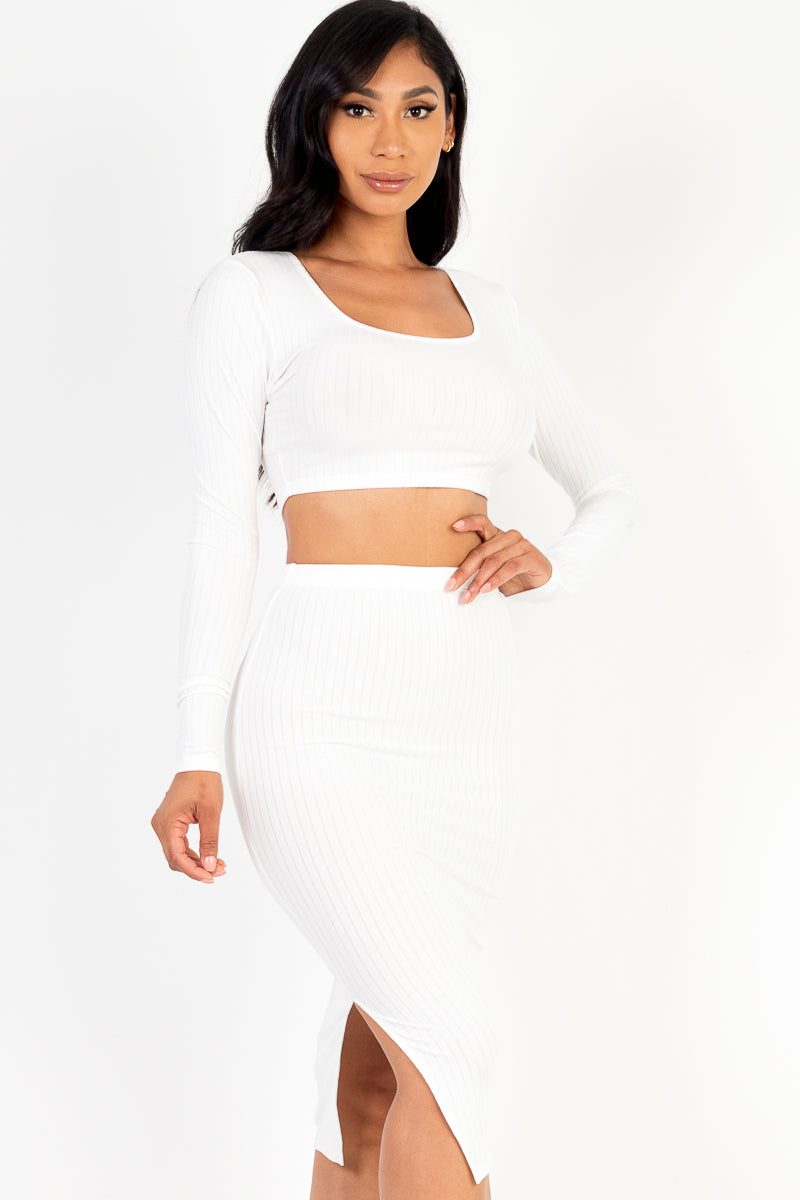 Ribbed Long Sleeve Crop Top & Skirt Set (CAPELLA)-20