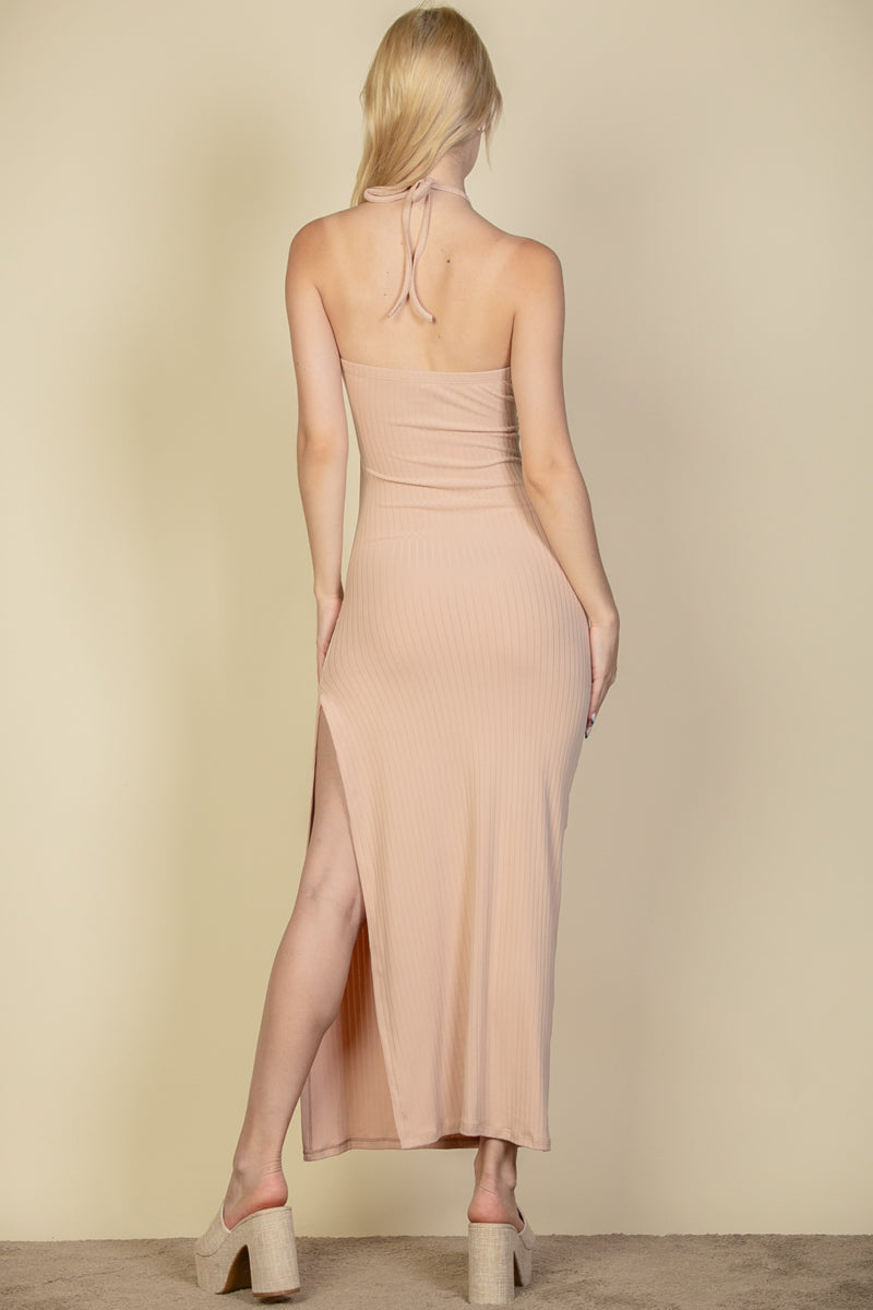 Ribbed Cut Out Front Side Slit Maxi Dress (CAPELLA)-7