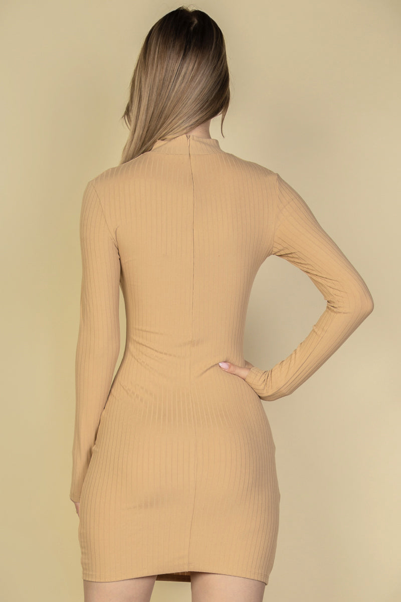 Ribbed Cut Out Front Long Sleeve Bodycon Mini Dress (CAPELLA)-3