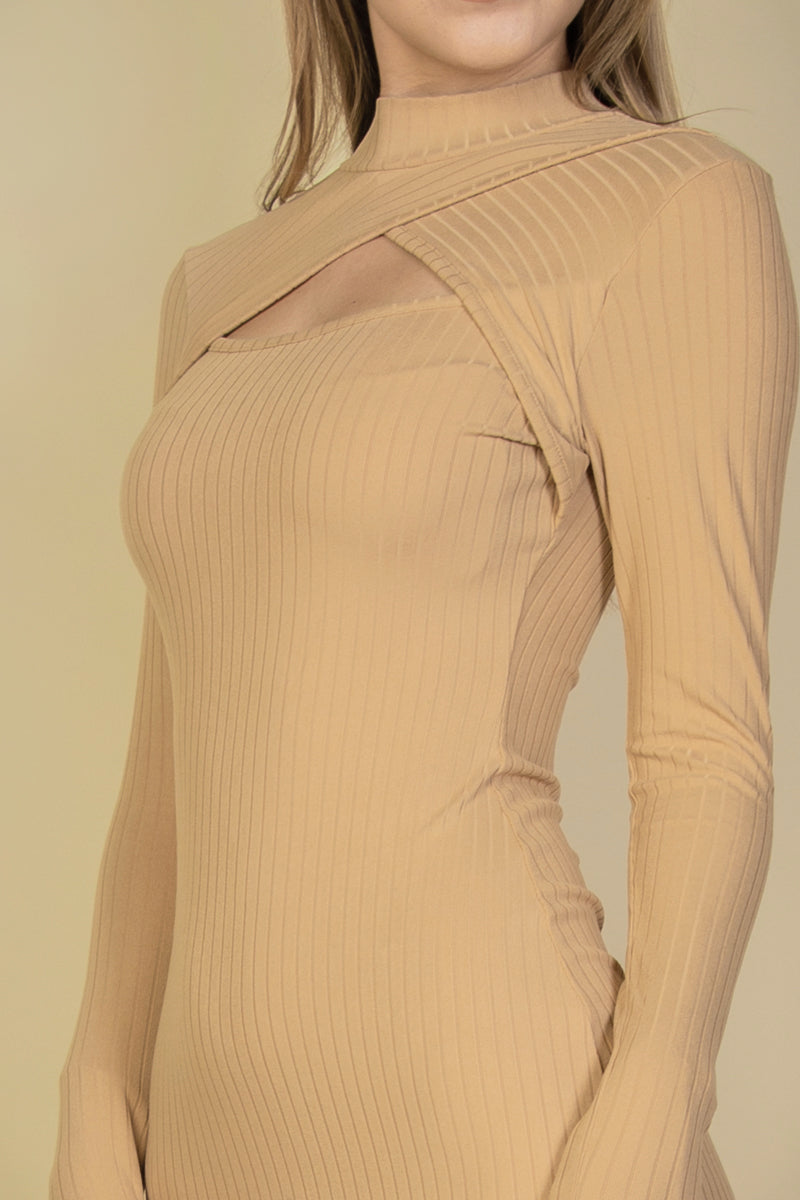 Ribbed Cut Out Front Long Sleeve Bodycon Mini Dress (CAPELLA)-4