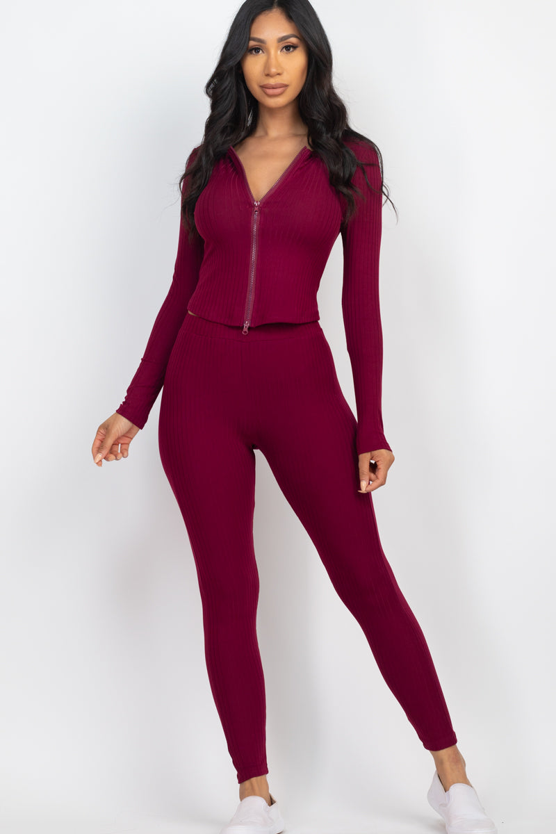 Ribbed Zip Front Long Sleeve Top & Leggings Set (CAPELLA)-14