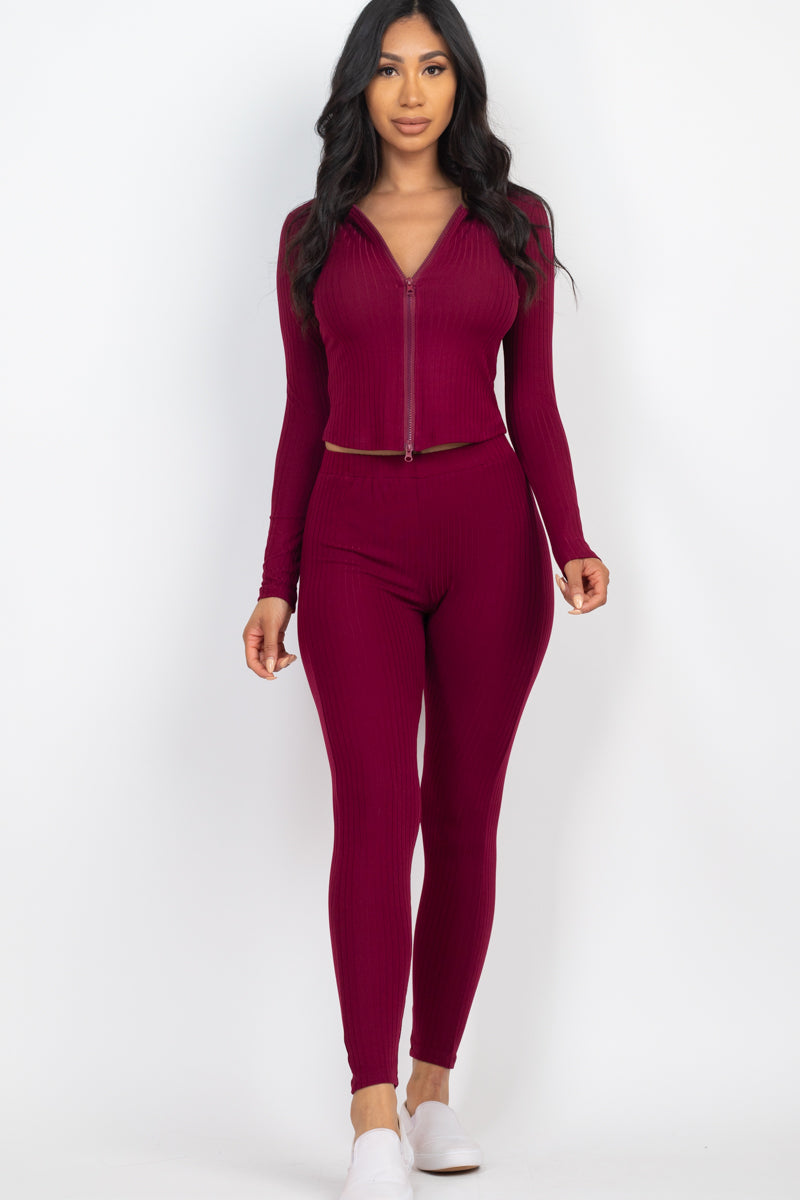 Ribbed Zip Front Long Sleeve Top & Leggings Set (CAPELLA)-10