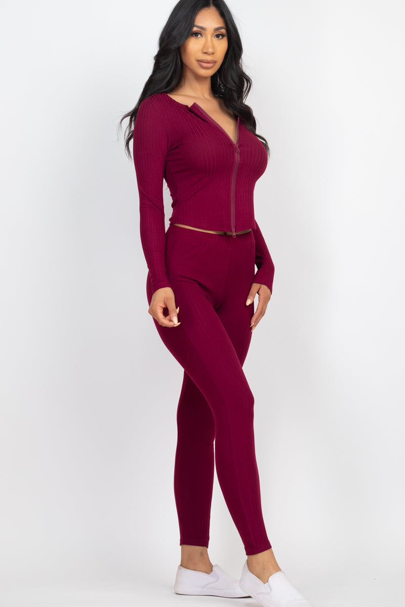 Ribbed Zip Front Long Sleeve Top & Leggings Set (CAPELLA)-11