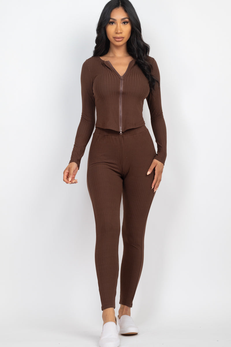 Ribbed Zip Front Long Sleeve Top & Leggings Set (CAPELLA)-15