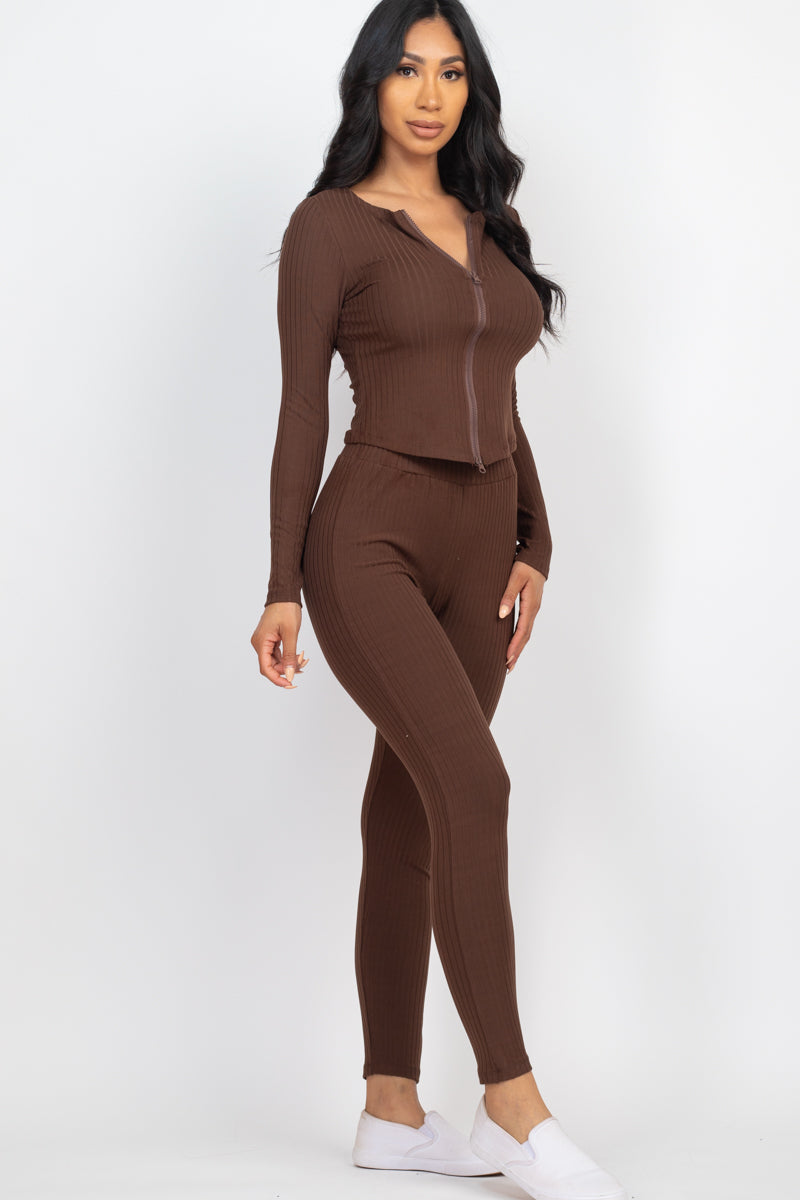 Ribbed Zip Front Long Sleeve Top & Leggings Set (CAPELLA)-16