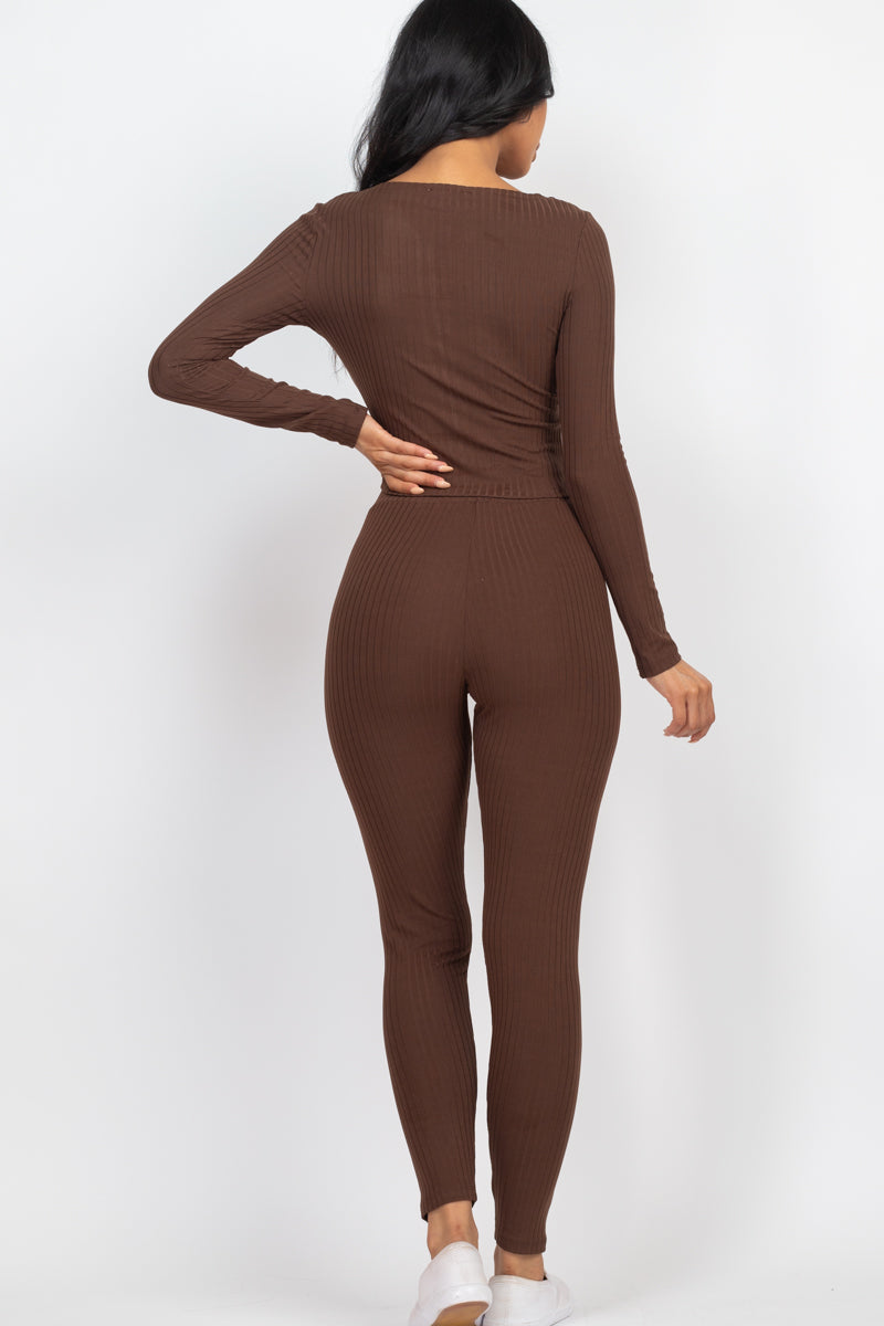 Ribbed Zip Front Long Sleeve Top & Leggings Set (CAPELLA)-17