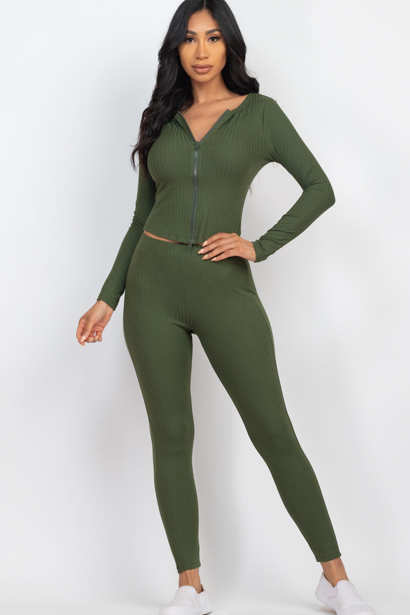 Ribbed Zip Front Long Sleeve Top & Leggings Set (CAPELLA)-5