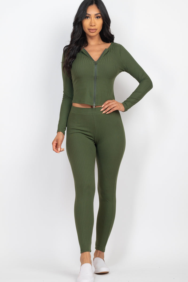 Ribbed Zip Front Long Sleeve Top & Leggings Set (CAPELLA)-9