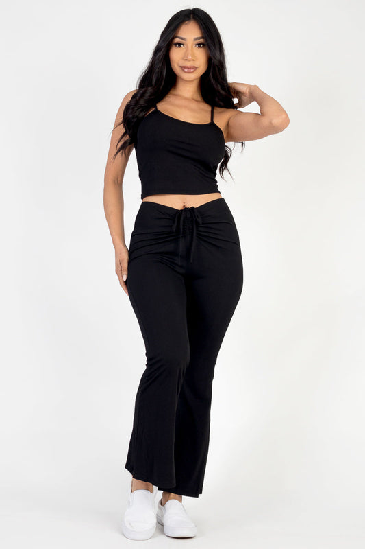Ribbed Cami Top & Ruched Drawstring Flared Pants Set (CAPELLA)-0